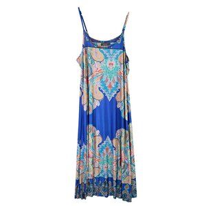 Womens Ice Silk Blue Paisley Boho Maxi Dress Sleeveless Polyester Stretch 1XL